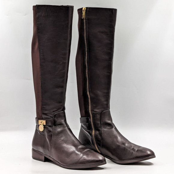 Michael Kors Women Hamilton Stretch Brown Leather Equestrian Riding Boots sz 8.5 - Picture 1 of 12